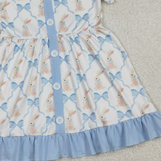 RTS GSD3416 Baby Girls Bows Rabbits Checked Button Easter Ruffle Knee Length Dresses
