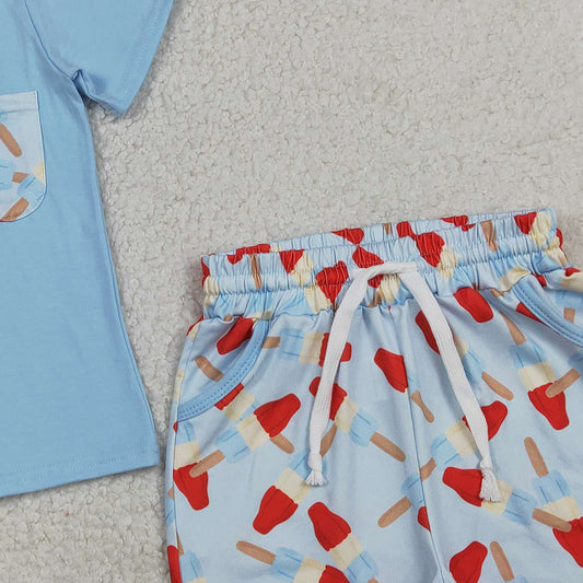 RTS BSSO1844 Baby Boys Blue Shirt Top Popsicle Pockets Shorts 4th of July Clothes Sets