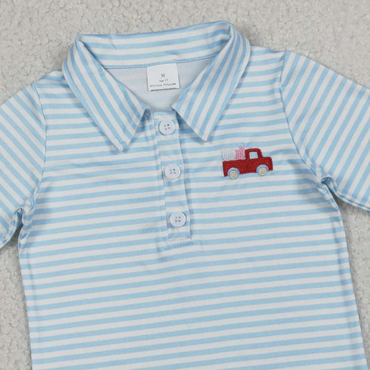 RTS BT1573 Embroidery Heart Trucks Baby Boys Blue Stripe Valentines Button Polo Shirts Top