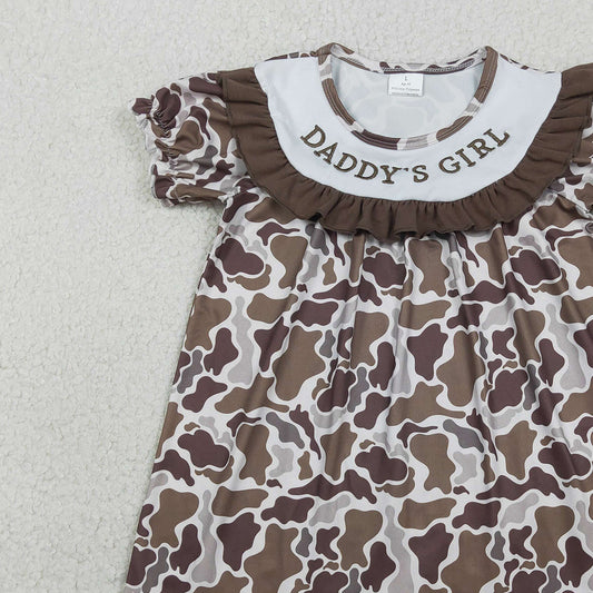 RTS GSD3526 Embroidery Daddy's Girls Southern Brown Camo Ruffle Knee Length Dresses