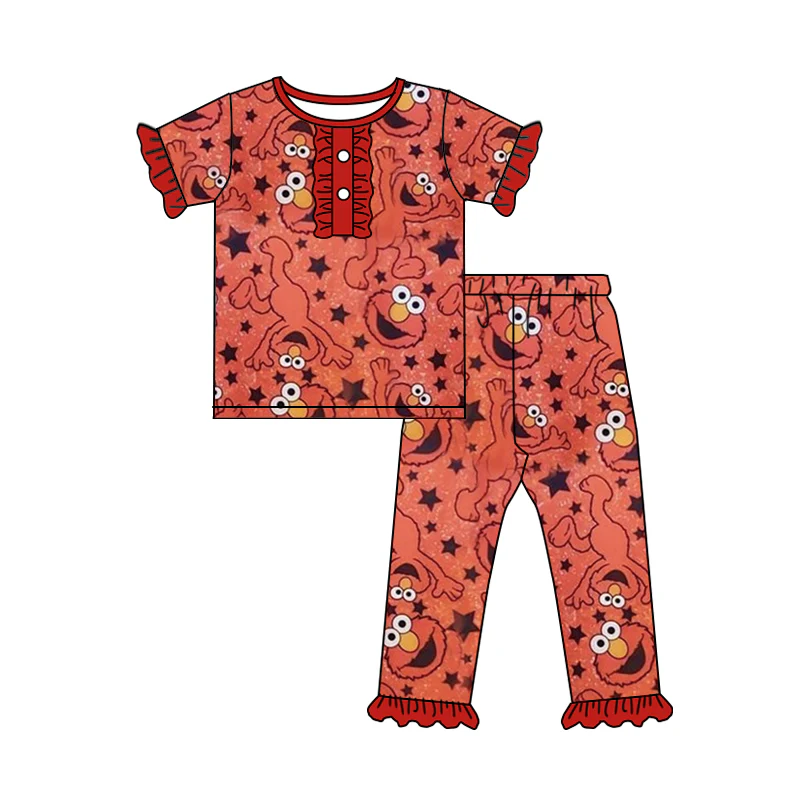 3.11 Baby Girls Short Ruffle Sleeves Cartoon Cats Button Top Pants Pajamas Set Preorder (moq 3)