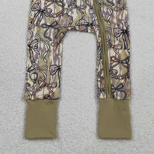 RTS SR3931 Baby Girls Southern Olive Camo Bows Two Way Zip Convertible Rompers