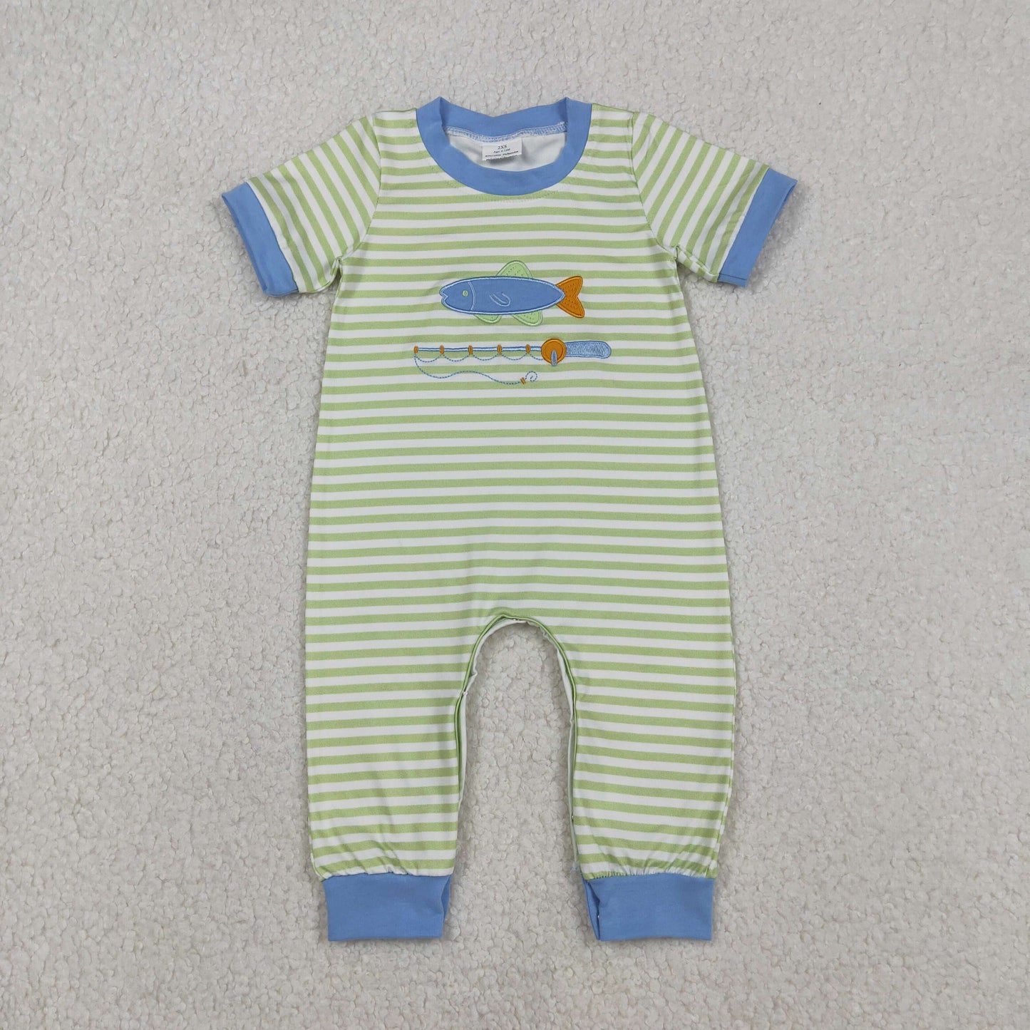 SR3329 Embroidery Baby Boys Stripe Fishing Hunting Footie Romper C12.6