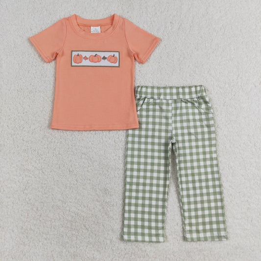 BSPO0451 Embroidered Baby Boys Orange Pumpkins Top Pants Outfits Clothes Set