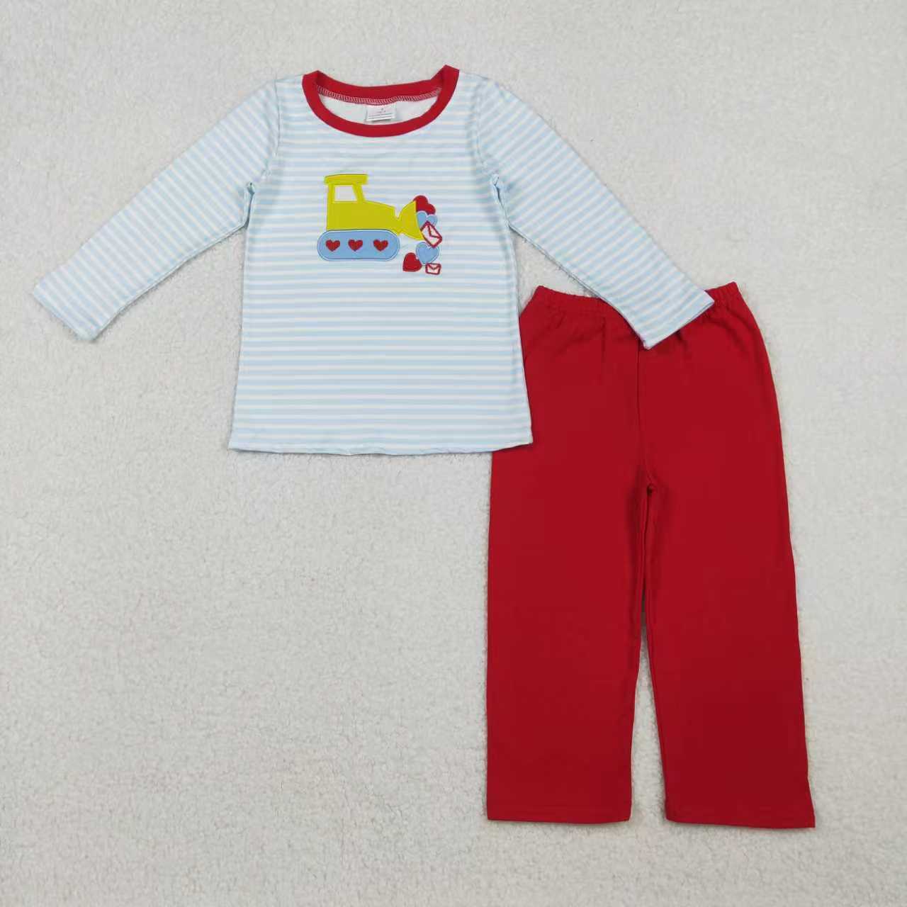 Sibling Baby Boys Embroidery Hearts Excavators Stripe Pants Valentines Clothes Set Footie Rompers C11.26