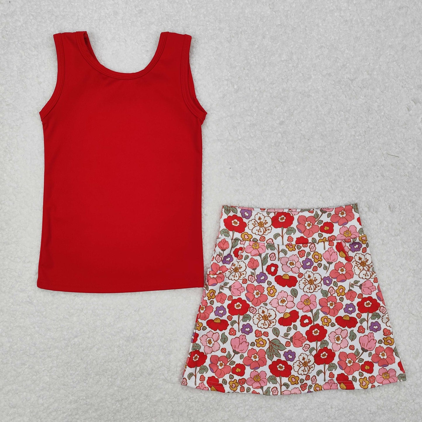 GSD1598 Baby Girls Red Vest Flowers Skirt Yoga Active Wear Clothes Set