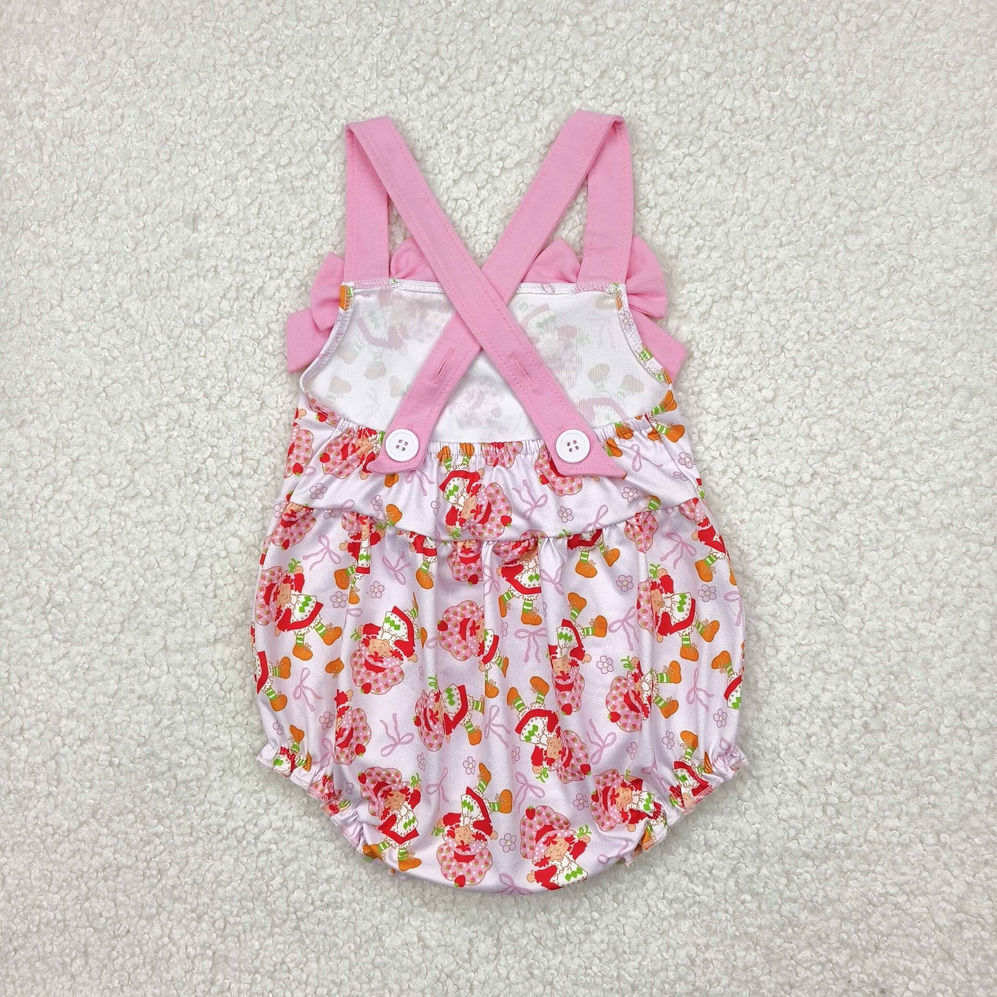 SR2933 Baby Infant Girls Pink Bows Strap Bows Strawberry Ruffle Romper 4.18