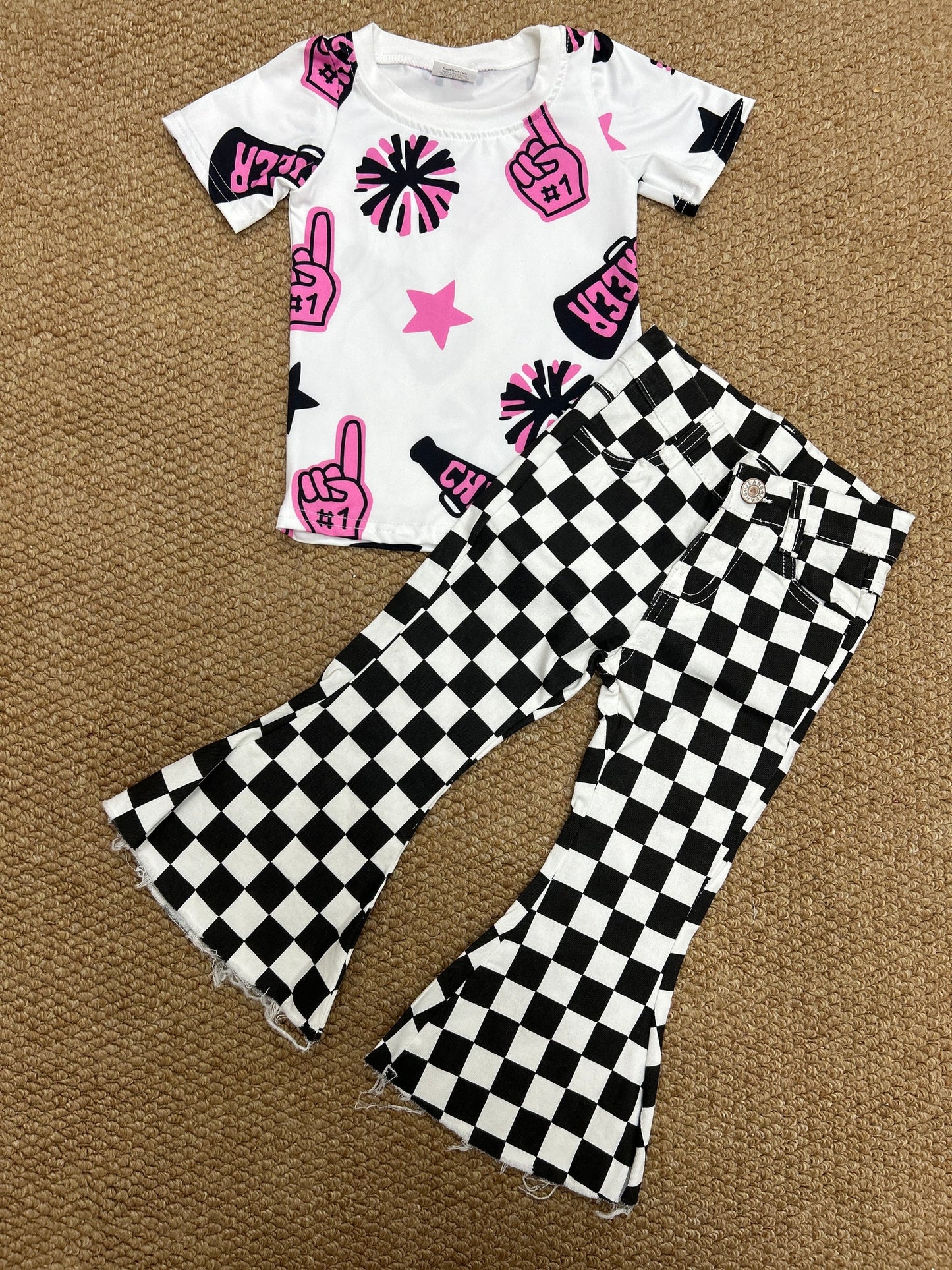 GT0994+P0349 Baby Girls Cheer Pink Shirt Black Checkered Bell Denim Pants Clothes Set 7.28