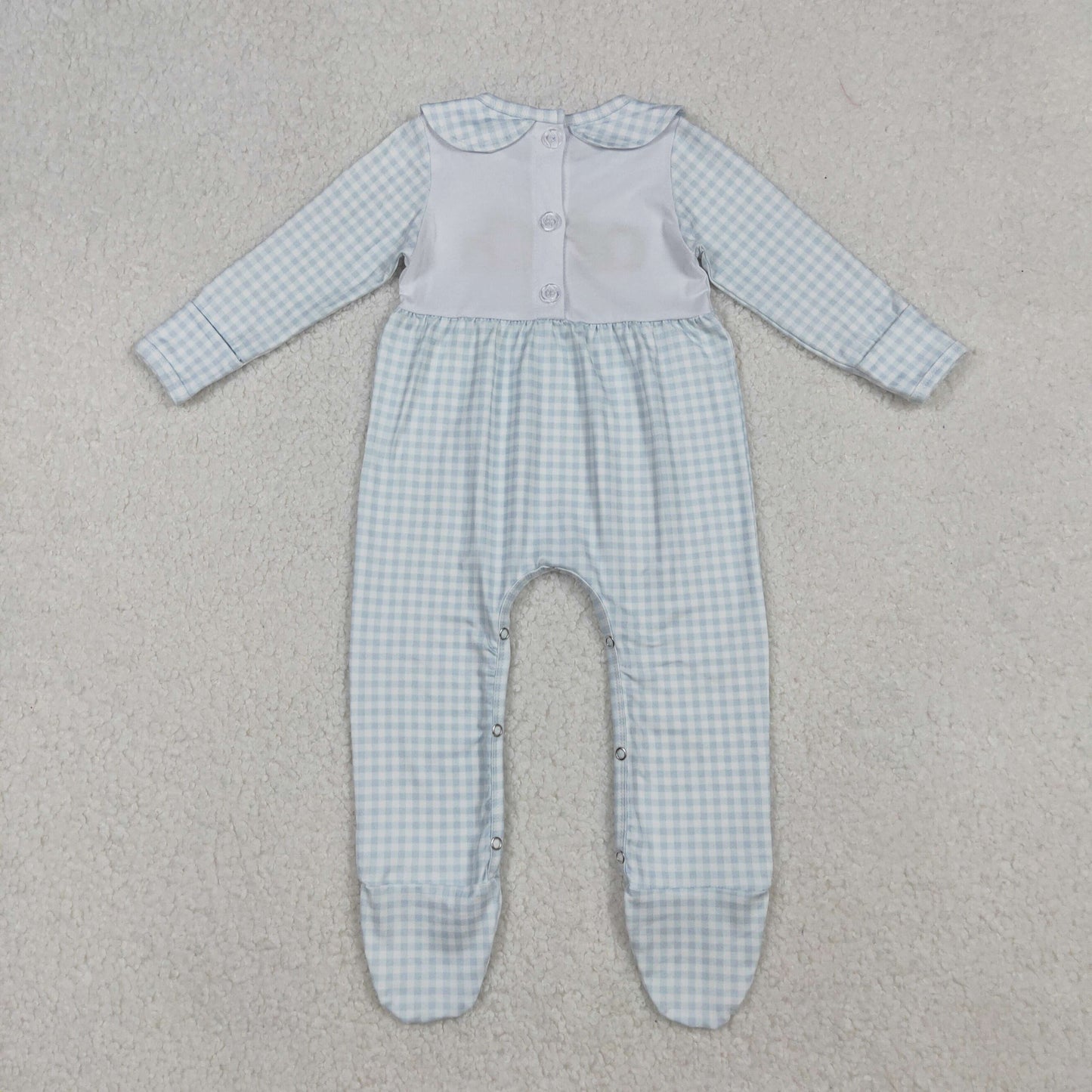 LR2560 Embroidery Baby Girls Light Blue Plaid Pumpkins Fall Footed Romper C9.19