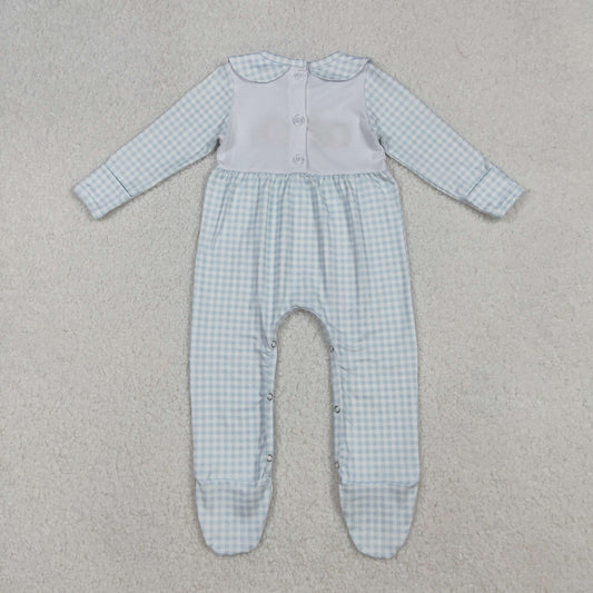 LR2560 Embroidery Baby Girls Light Blue Plaid Pumpkins Fall Footed Romper C9.19