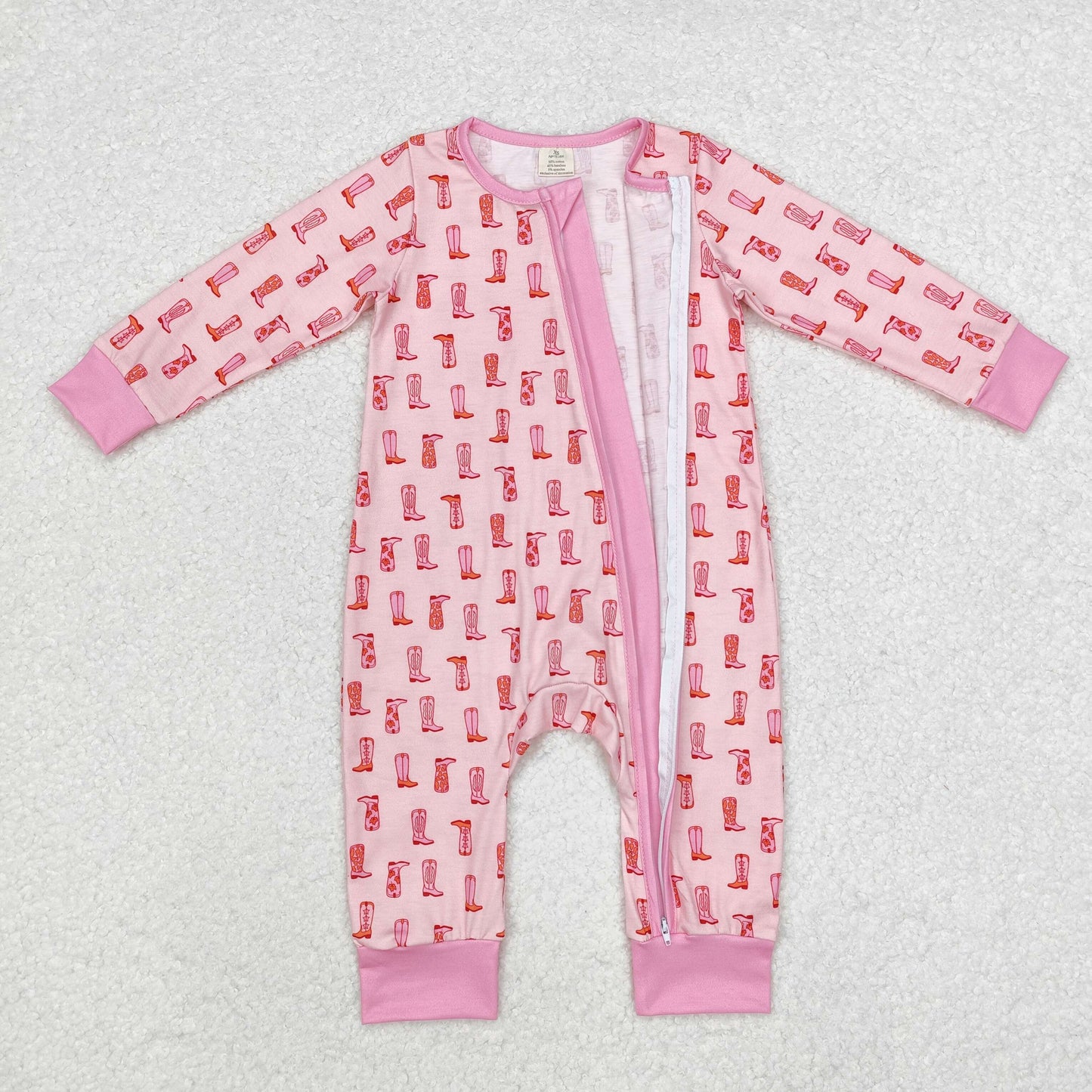 LR1843 Baby Infant Girls Western Pink Boots Bamboo Zip Romper