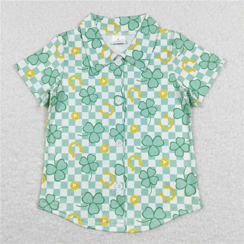 RTS BT0543 Baby Boys Top Baby Boys Green Checkered Quatrefoil St Patrick Days Buttons Tee Shirts