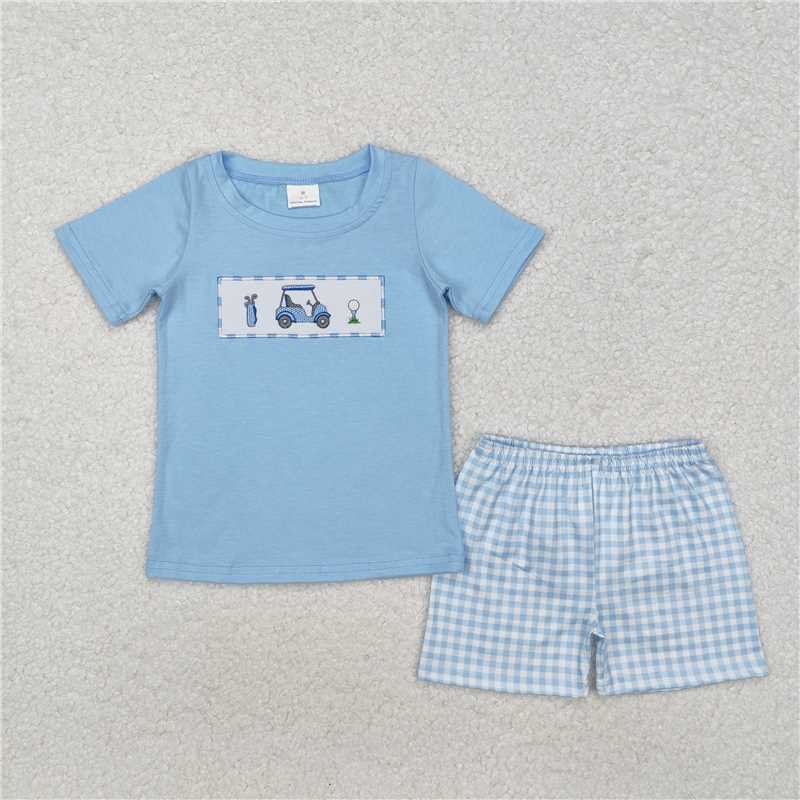RTS BSSO1052 Baby Boys Summer Clothes Baby Boys Golf Carts Tee Shirts Checkered Shorts Clothing Sets