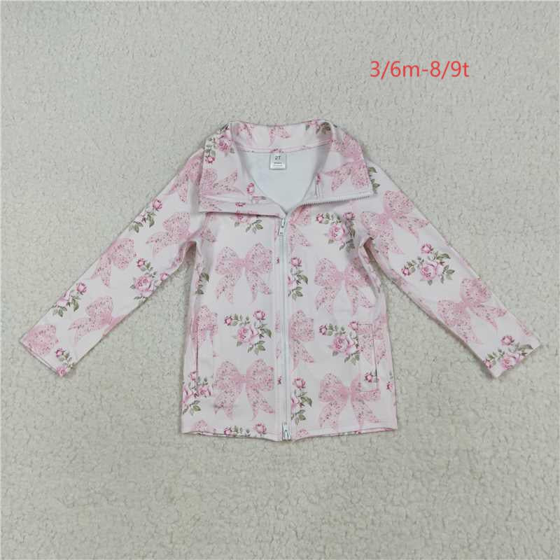 GT1075 Baby Girls Long Sleeves Pink Floral Bows Zipper Pockets Yoga Jacket Top 7.15