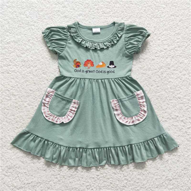 GSD0481 Baby Girls Green Thanksgiving Fall Turkey Knee Length Pockets Dress