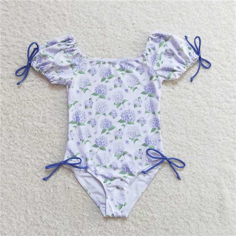 RTS S0329Baby Girls Summer One Piece Swimsuit Lavender Flowers Branches Design Infant Swimwear for Girls
