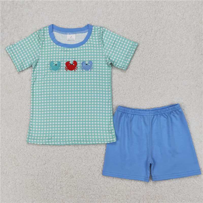 RTS BSSO1279 Baby Boys Summer Clothes Embroidery Baby Boys Crabs Checkered Shirts Shorts Clothes Sets