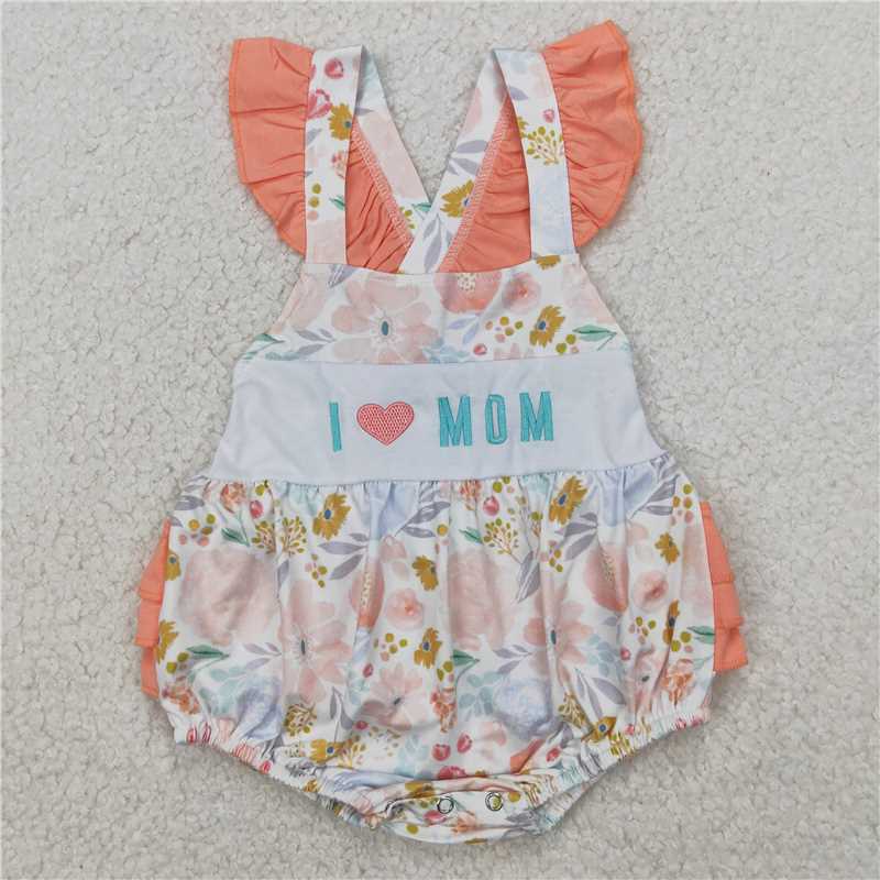 RTS SR2948 Floral Ruffle Rompers for Baby Infant Girls Embroidery 'I LOVE MOM' Design Comfortable Soft Material Baby Clothes