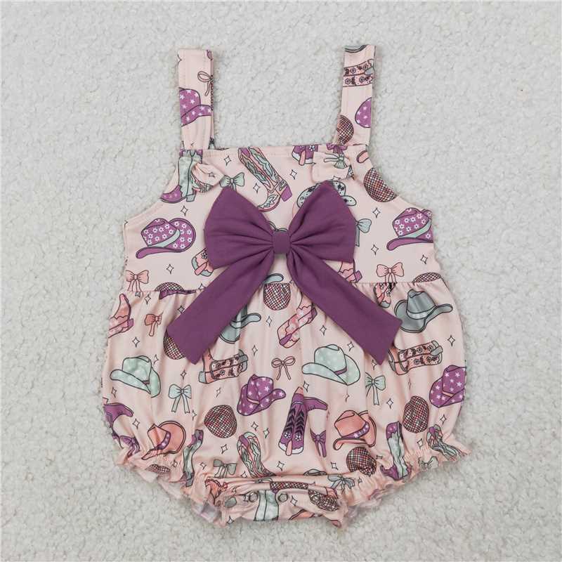 RTS SR2897 Baby Infant Girls Pink Strap Hat Boots Set with Purple Bow Top Ruffle Rompers