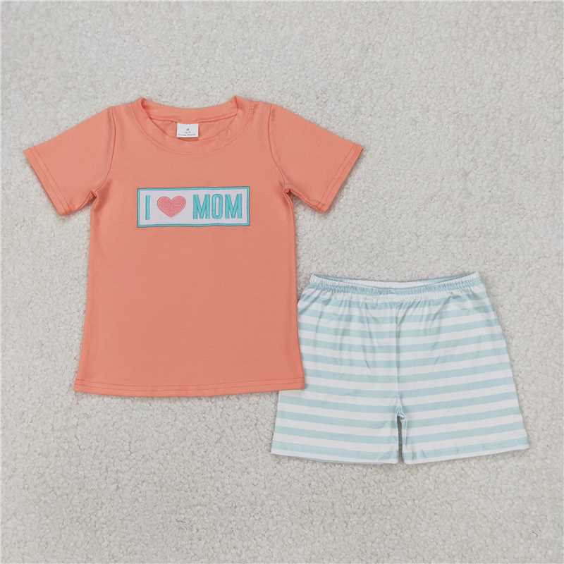 RTS BSSO1435 Baby Boys Summer Clothes Embroidery Baby Boys Orange I LOVE MOM Top Stripe Shorts Sets