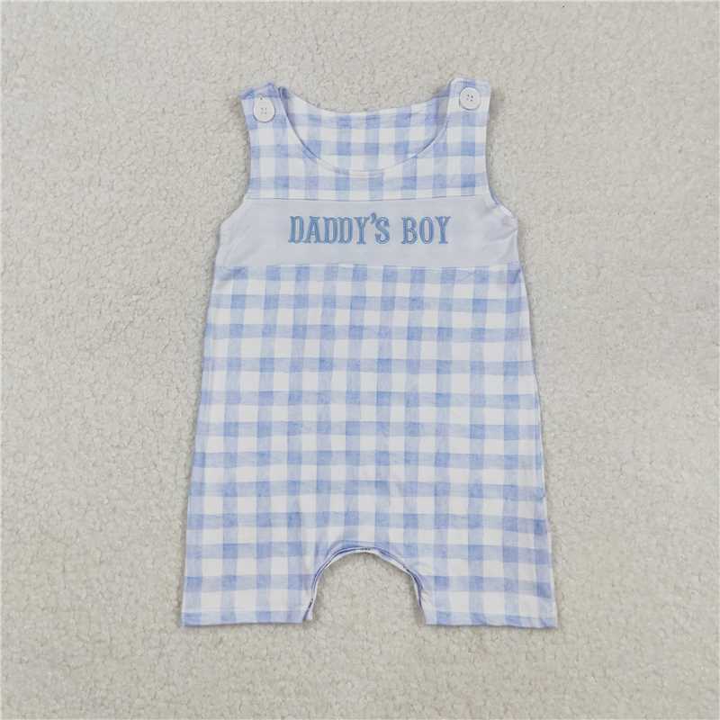 RTS SR2945 Baby Boys Romper Embroidery Baby Infant Boys Sleeveless Blue Plaid DADDY'S BOY Rompers