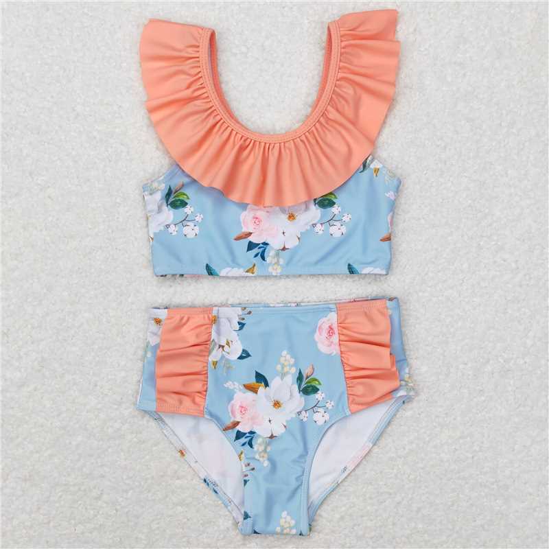 RTS S0179 Girls Peach Ruffle Floral Summer Swimsuit 2 Pcs Set Cute Swimwear for Little Girls