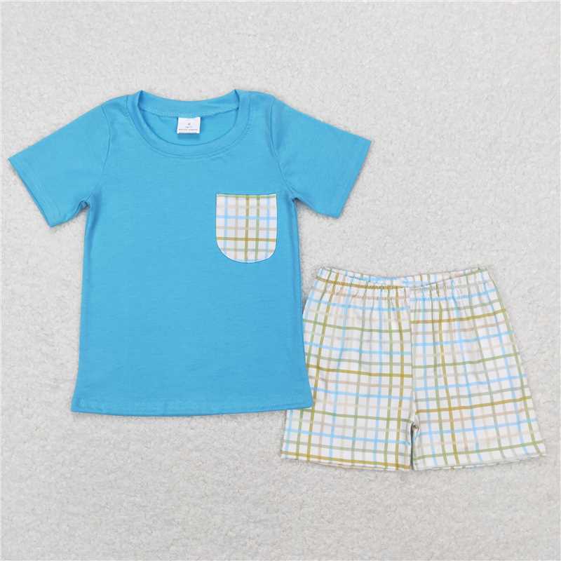 RTS BSSO0372 Baby Boys Easter Green Checkered Pocket Tee Shorts Clothes Sets
