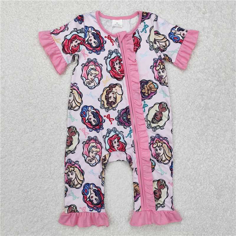 RTS SR2309 Princess Ruffles Pink Zip Rompers for Baby Infant Girls Soft Cotton Outfit with Elastic Waist And Full Leggings