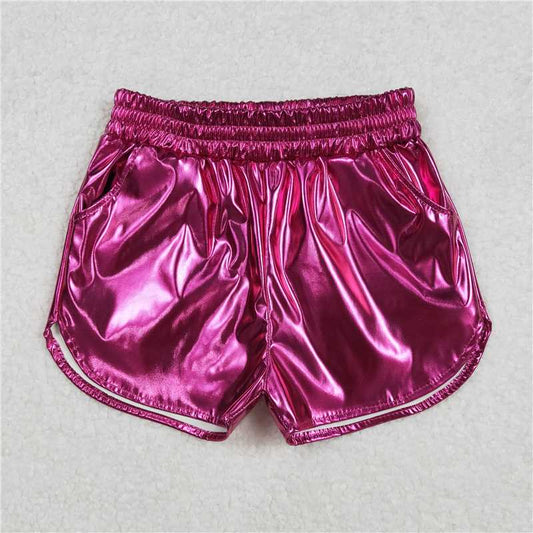 SS0414 Baby Girls Hotpink Pocket Leather Elastic Bottom Shorts