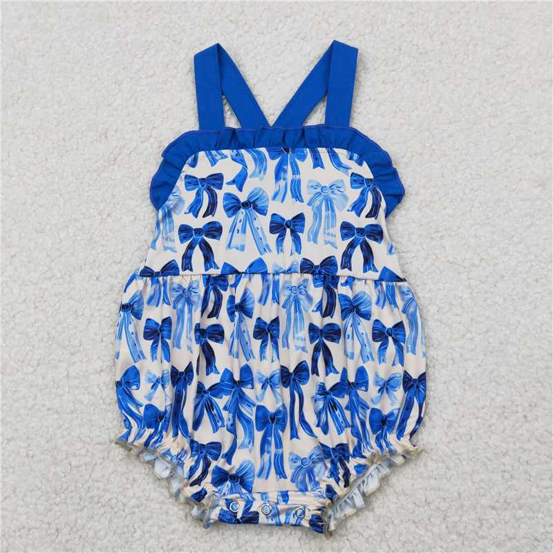 RTS SR2919 Baby Infant Girls Blue Rompers with Strap Bows Ruffle Cute Baby Outfit for Girls