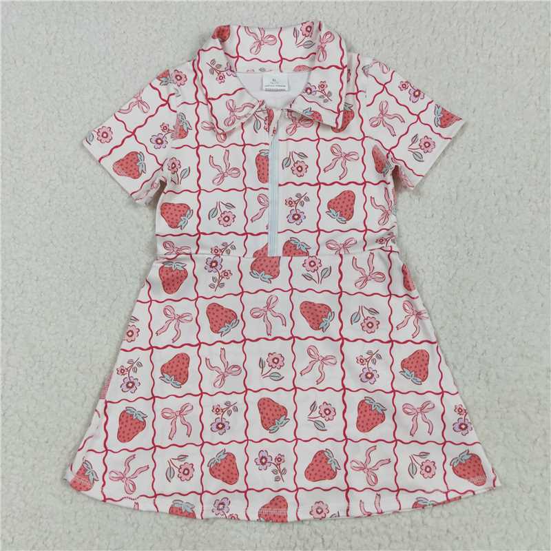 RTS GSD2407 Baby Girls Knee-Length Yoga Dress Short Sleeves Bows Strawberry Zipper Design Casual Fashion Outfit for Little Ones