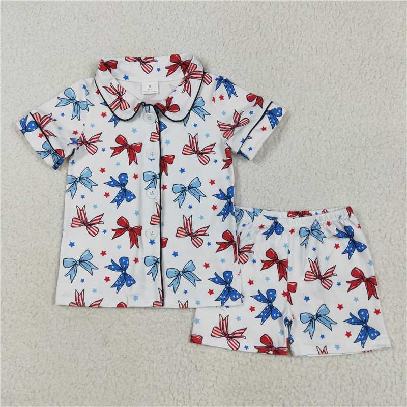 RTS GSSO2484 Baby Girls' 4th of July Pajamas Set with Blue Red Bows Button Top Short Outfit for Babies