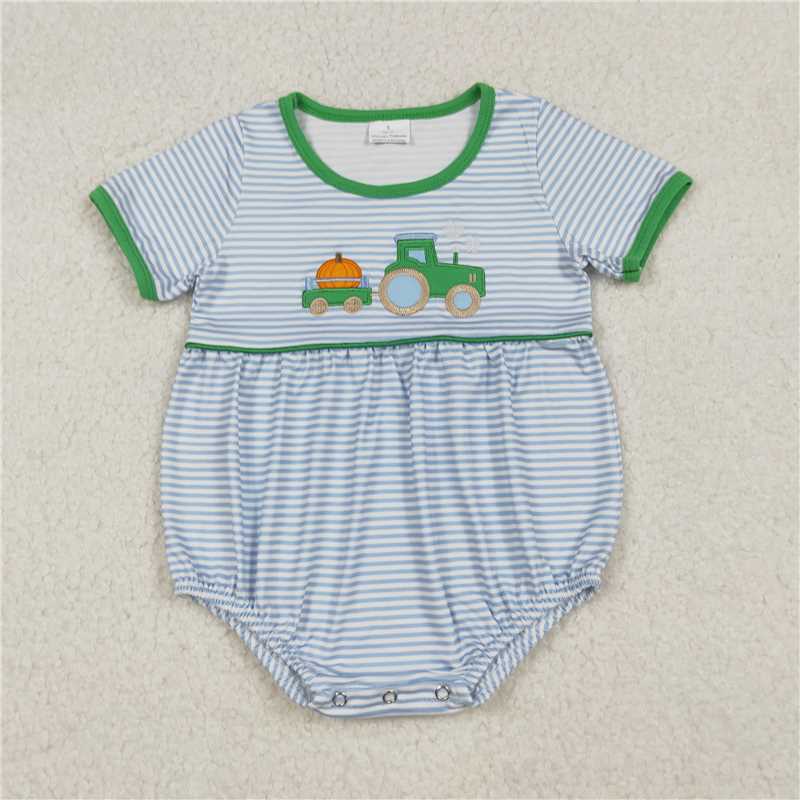 RTS SR3201 Baby Boys Romper Embroidery Baby Boys Blue Stripe Pumpkins Truck Fall Rompers