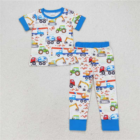 BSPO0385 Engineering car blue and white short-sleeved trousers pajamas set