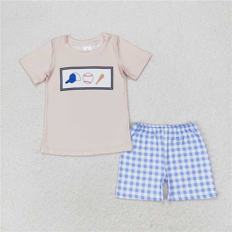 RTS BSSO0919 Baby Boys Summer Clothes Baby Boys Baseball Tee Shirts Tops Blue Checkered Shorts Clothes Sets