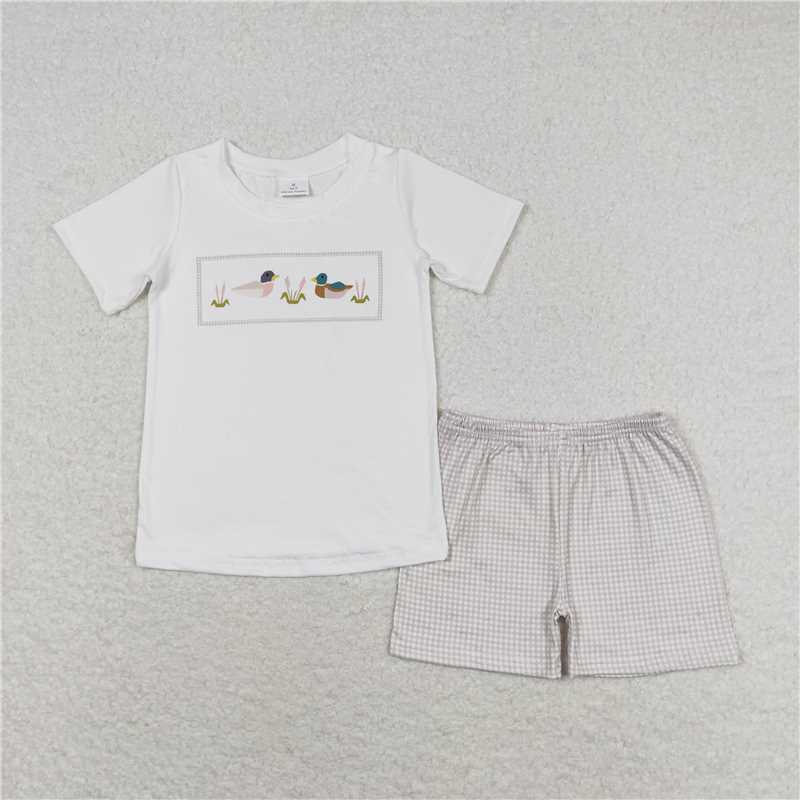 RTS BSSO0960 Baby Boys Summer Clothes Baby Boys Ducks Short Sleeve Tee Shirts Tops Checkered Shorts Clothes Sets