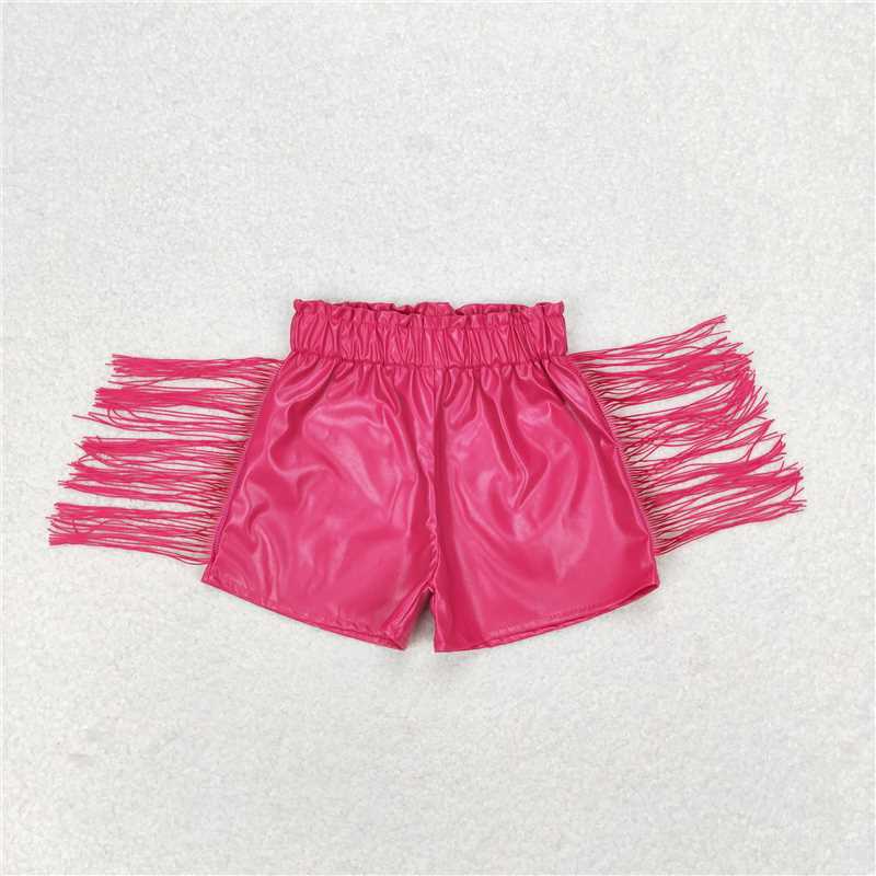 SS0223 Rose red glossy leather fringed shorts