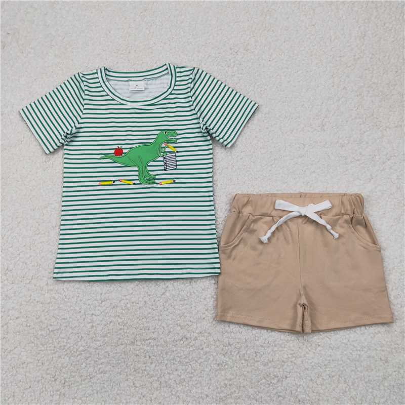 RTS BSSO1416 Baby Boys Summer Clothes Embroidery Baby Boys Green Stripe Dinosaur Top Gray Pockets Short Clothes Sets