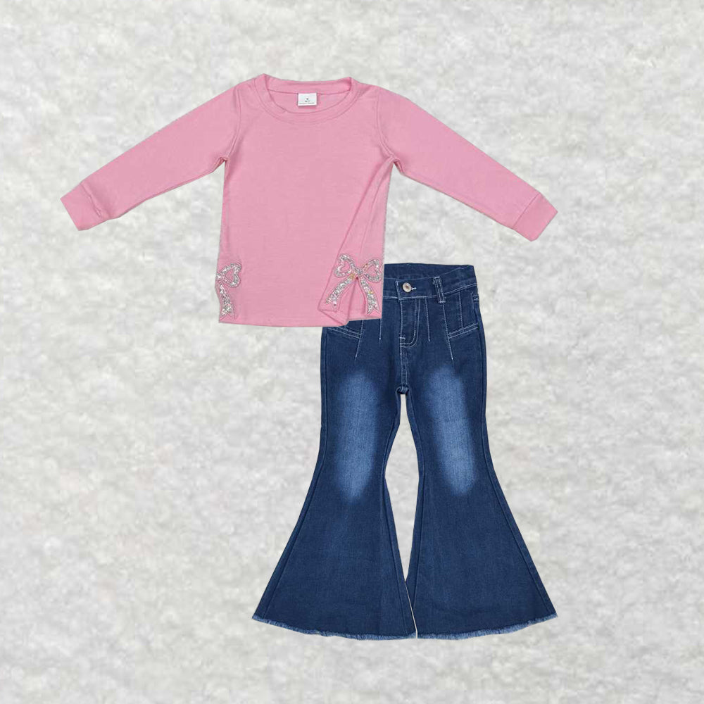 GT0872+P0457 Baby Girls Pink Bows Side Embroidery Tee Top Bell Flare Denim Jeans Clothes Set