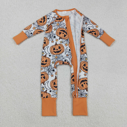 LR2528 Baby Boys Spider Web Pumpkins Halloween Zipper Footie Romper C8.27