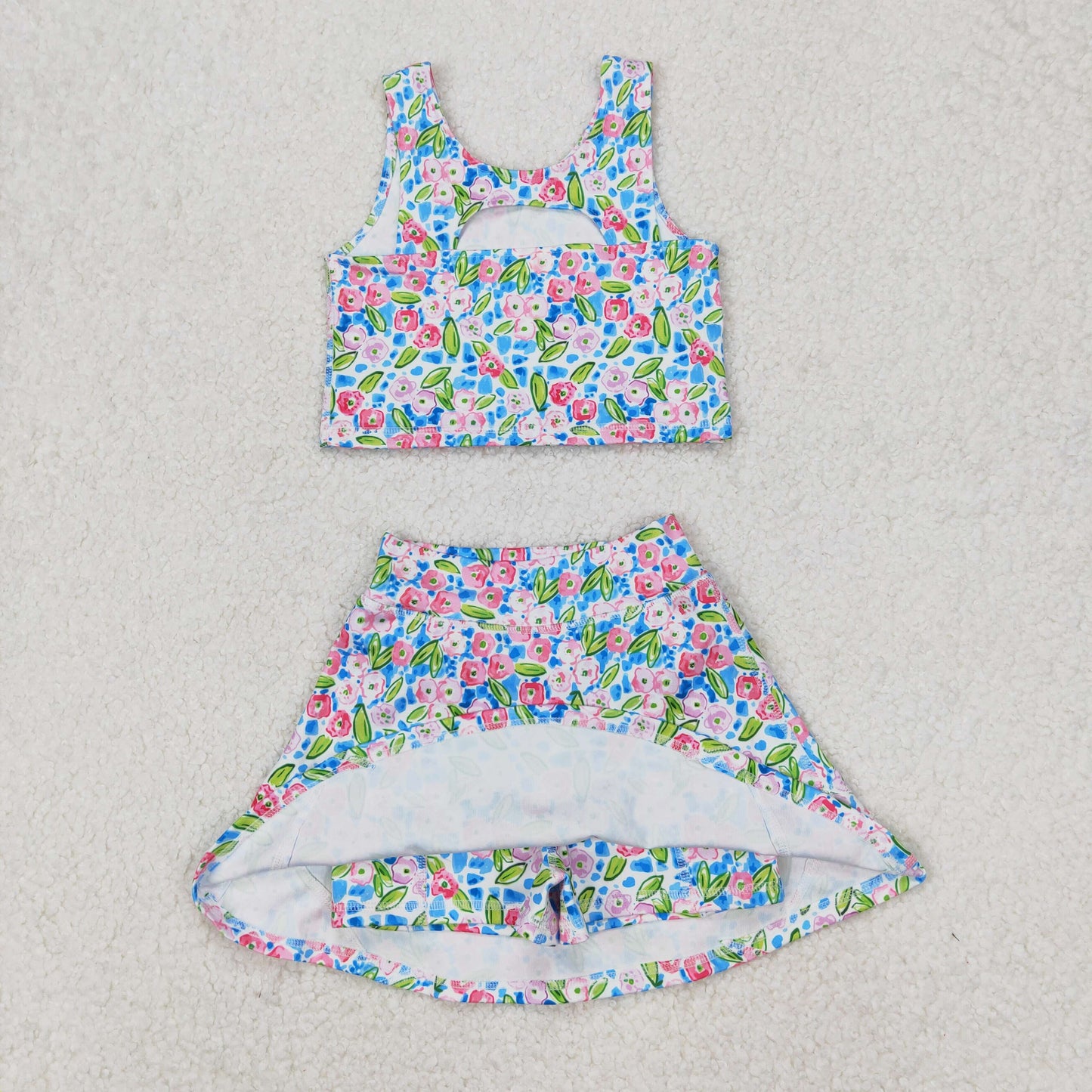 GSD1988 Baby Girls Blue Flowers Athletic Active Wear Top Shorts Skirts Clothes Set