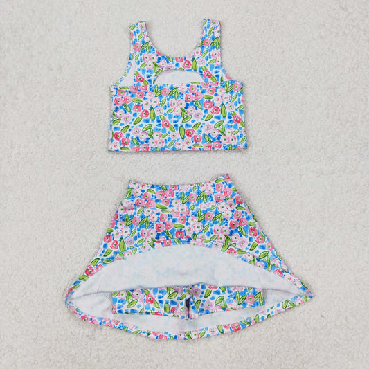 GSD1988 Baby Girls Blue Flowers Athletic Active Wear Top Shorts Skirts Clothes Set