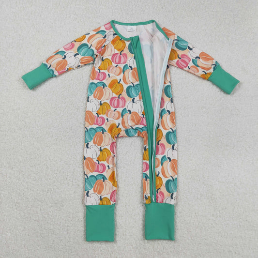 LR2552 Baby Girls Colorful Pumpkins Plaid Fall Zipper Footie Romper C8.26