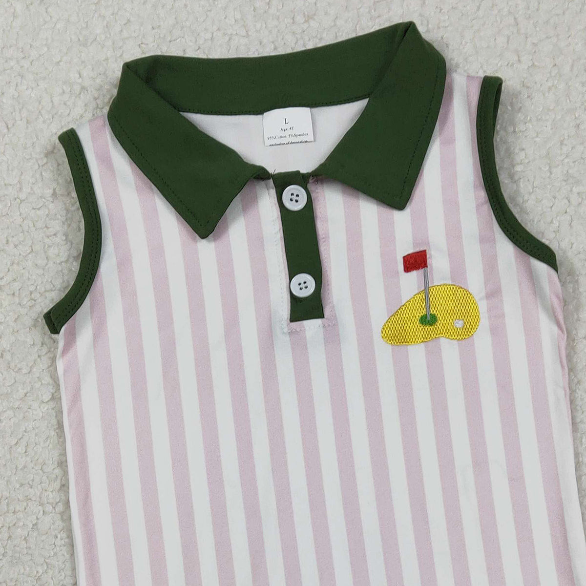 RTS GSD3142 Embroidery Golf Flags Baby Girls Pink Stripe Button Knee Length Dresses