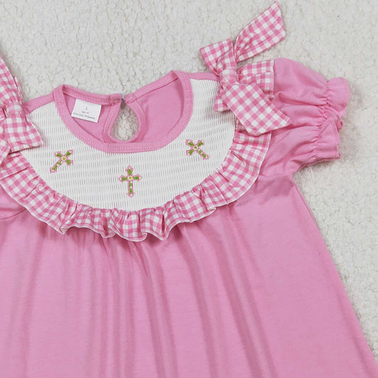 RTS GSD3178 Smocked Crosses Baby Girls Short Ruffle Sleeve Easter Knee Length Dresses