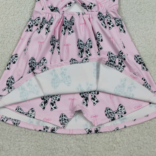 RTS GSD1853 Baby Girls Western Cow Print Bow Sleeveless Skort Knee Length Dresses