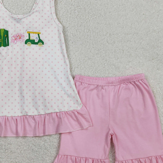 RTS GSSO2884 Embroidery Golf Trucks Baby Girls Polka Dots Back Bow Tunic Ruffle Short Clothes Sets