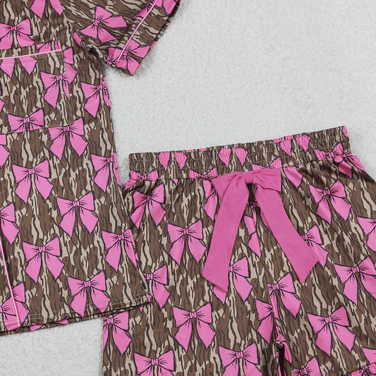 RTS GSSO3137 Adult Women Southern Olive Camo Bows Button Pocket Top Ruffle Shorts Pajamas Set