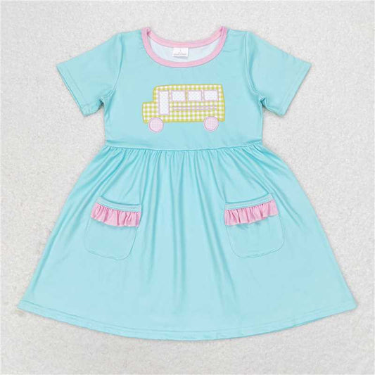 GSD1341 Back To School Yellow plaid school bus teal pocket short-sleeved dress