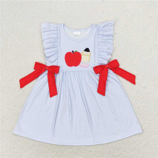 GSD1143 Back To School Apple pencil red bow blue plaid sleeveless dress